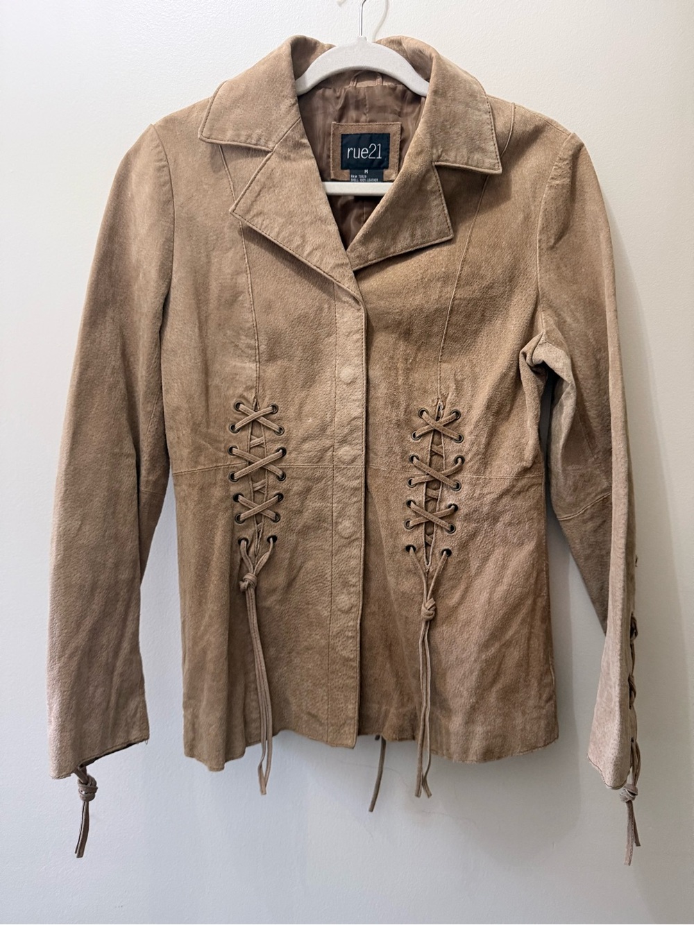 Vintage Y2K Rue 21 Real Suede Leather Fringe Boho 70s Hippie Jacket Lace Up M